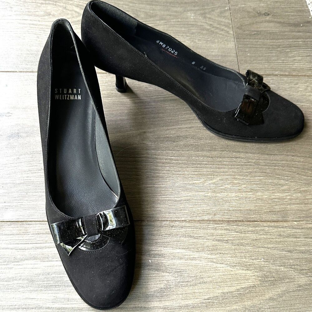 Vtg Stuart Weitzman US 8 SS Slim Black Suede Bow Kitten Heels Y2K Pumps